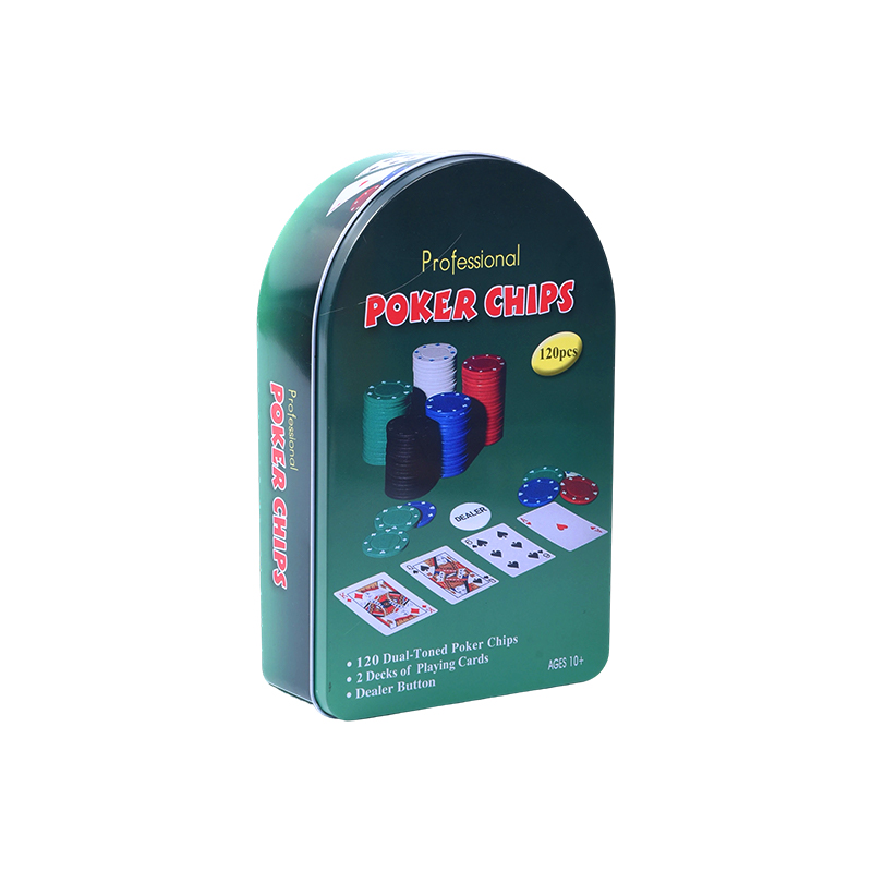 Cip Green Arched Metal Tin 120 dengan Set Cip Poker Profesional Kad dan Butang Peniaga