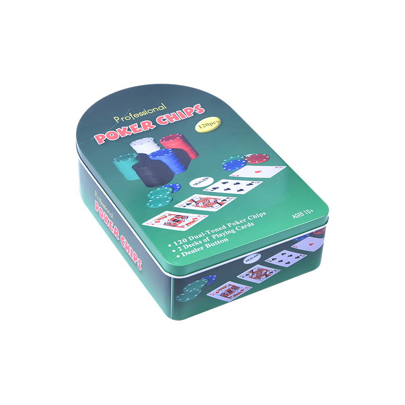 Cip Green Arched Metal Tin 120 dengan Set Cip Poker Profesional Kad dan Butang Peniaga