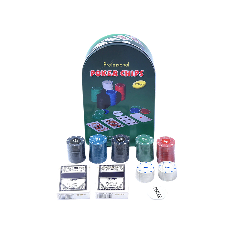 Cip Green Arched Metal Tin 120 dengan Set Cip Poker Profesional Kad dan Butang Peniaga