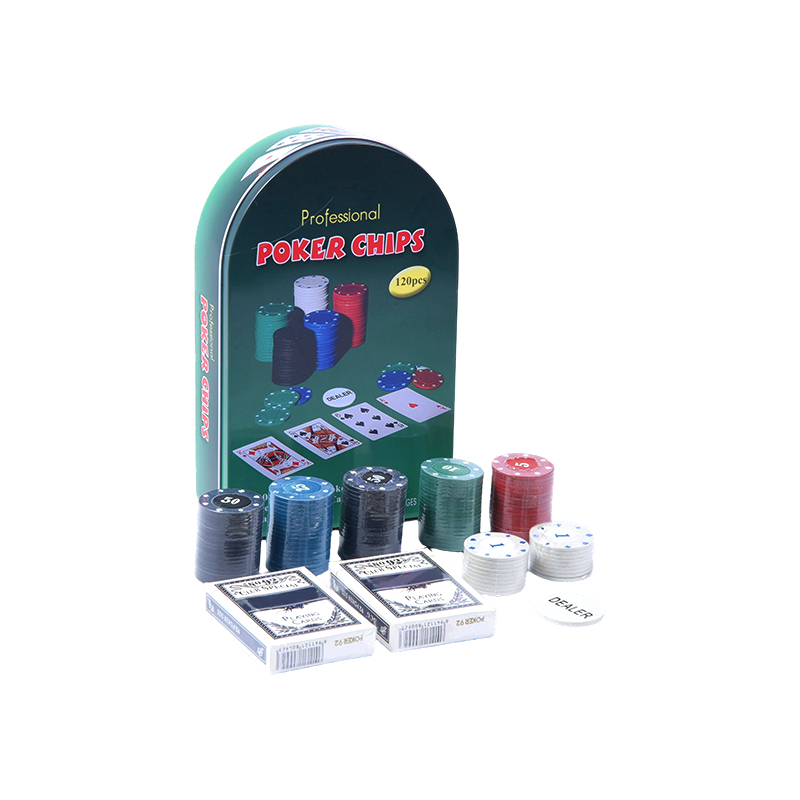 Cip Green Arched Metal Tin 120 dengan Set Cip Poker Profesional Kad dan Butang Peniaga