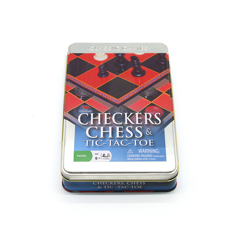Set dam klasik 2-dalam-1, Catur & Tic-Tac-Toe Tin