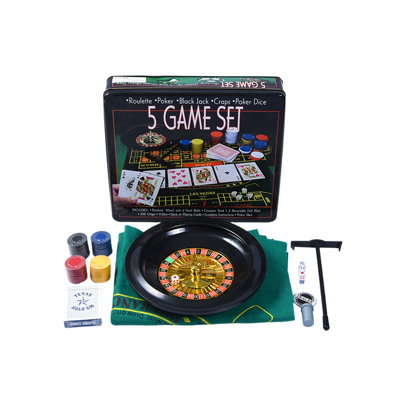 Set Permainan Kasino 5-dalam-1 – Rolet, Poker, Black Jack, Craps, Dadu Poker dalam Timah Logam