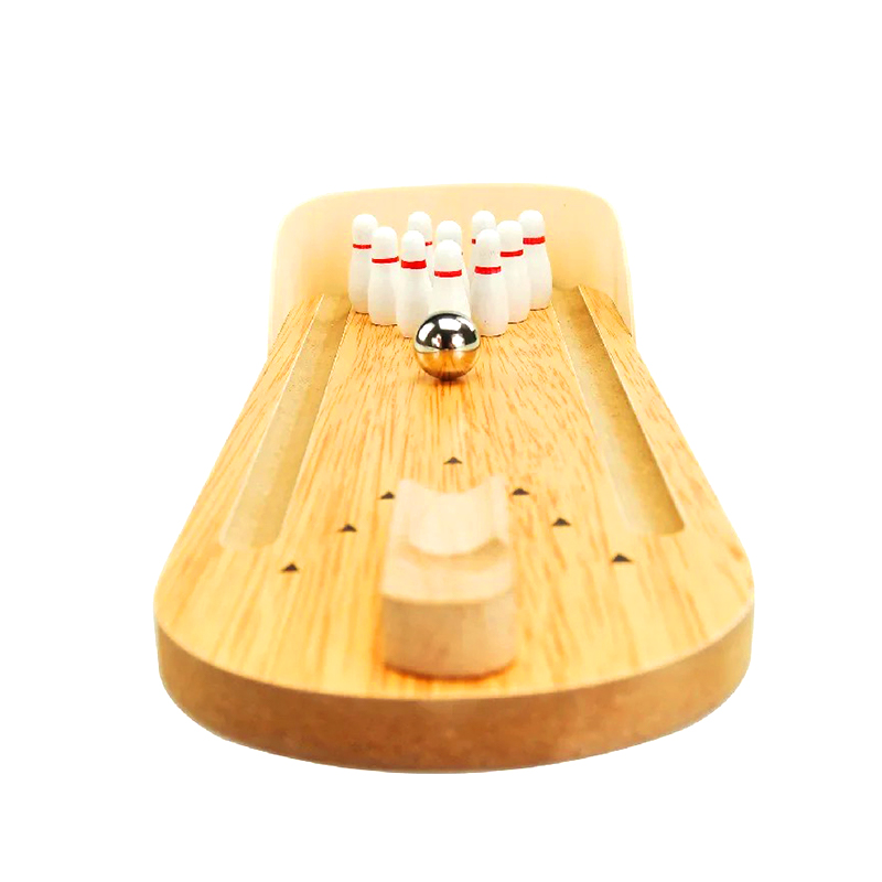 Set Kayu Padat dengan Bola Keluli dan Pin Permainan Boling Desktop Mini