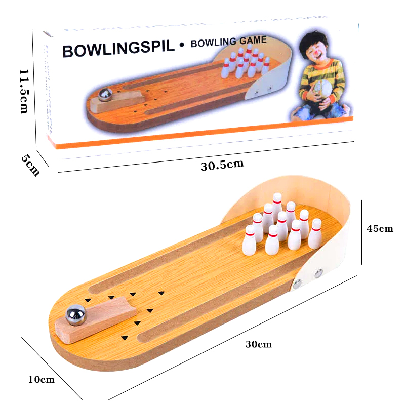 Set Kayu Padat dengan Bola Keluli dan Pin Permainan Boling Desktop Mini