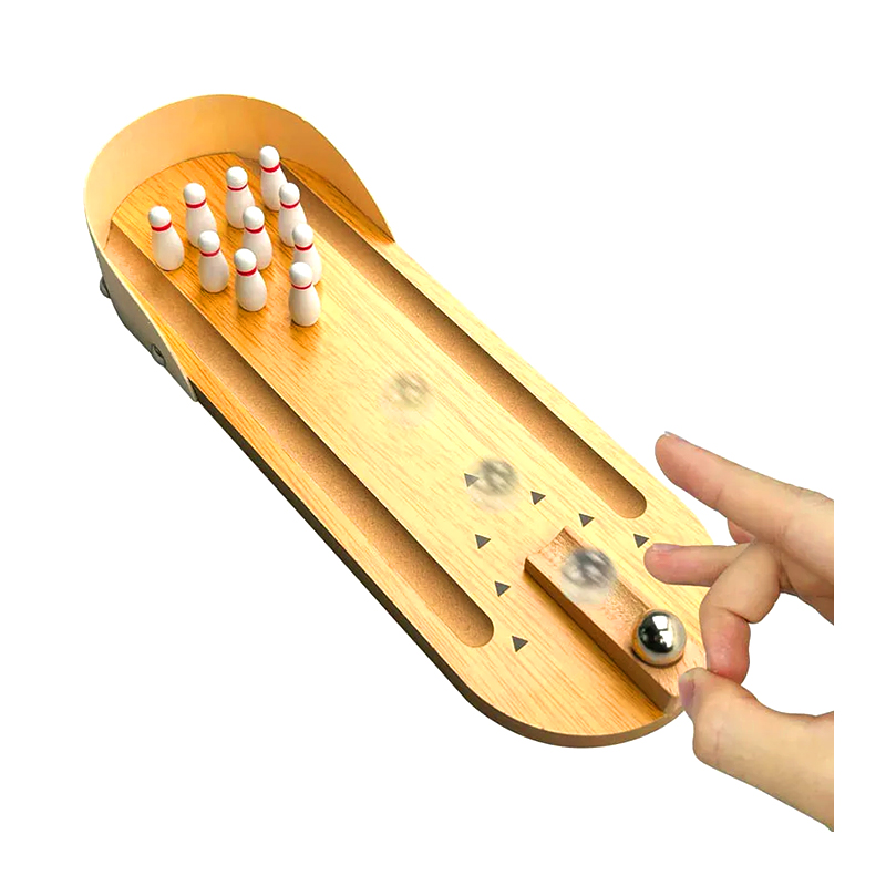 Set Kayu Padat dengan Bola Keluli dan Pin Permainan Boling Desktop Mini