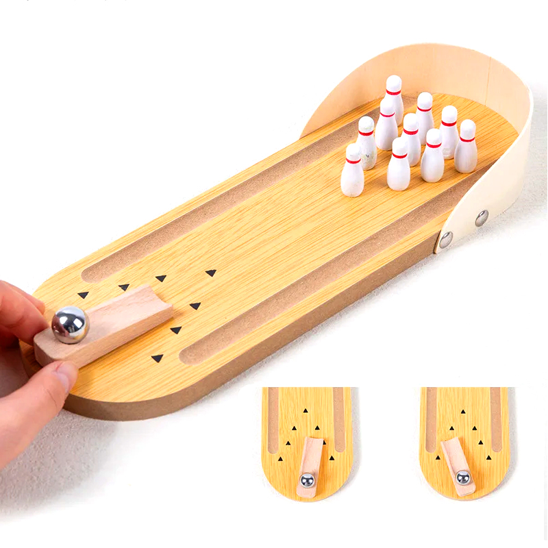 Set Kayu Padat dengan Bola Keluli dan Pin Permainan Boling Desktop Mini