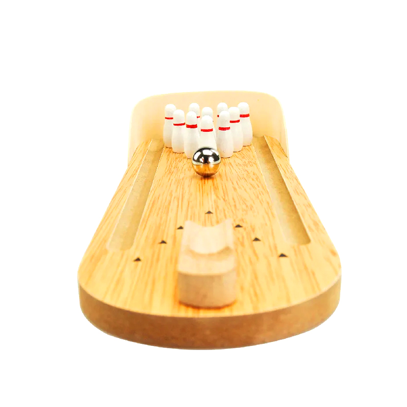 Set Kayu Padat dengan Bola Keluli dan Pin Permainan Boling Desktop Mini