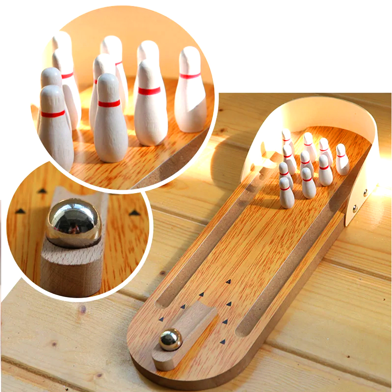 Set Kayu Padat dengan Bola Keluli dan Pin Permainan Boling Desktop Mini